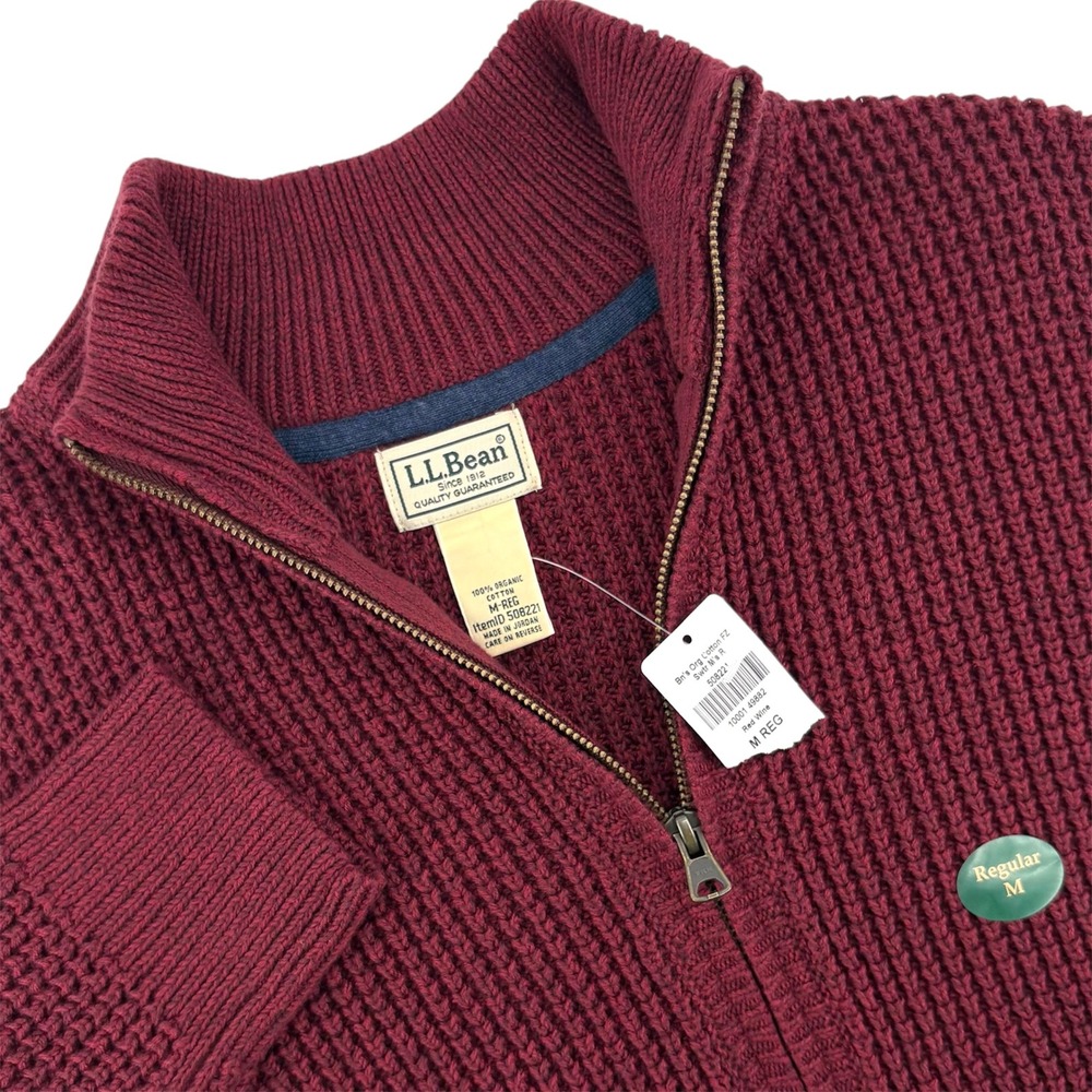 LL Bean Mens Red Wine Organic Cotton Waffle Knit Full Zip Sweater M REG 508221